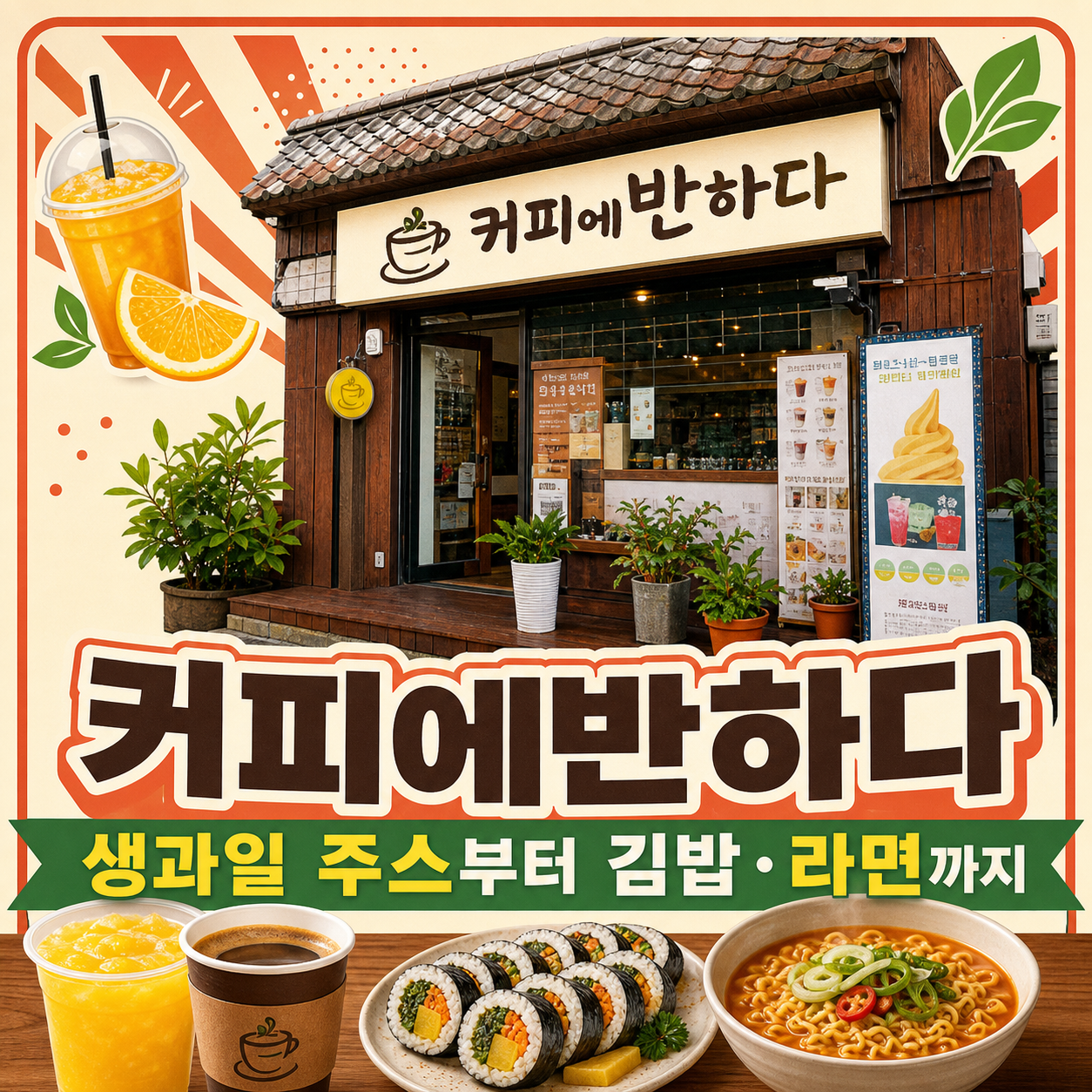 100% 생과일 쥬스와 맛있는 간식, 김밥 라면이 있는 신포동카페